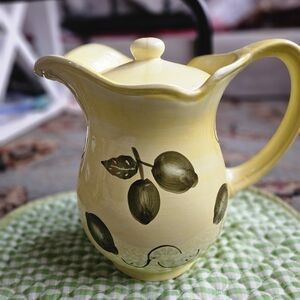 Large Sunny Yellow Ceramic Pitcher with Lime Or Lemon Design